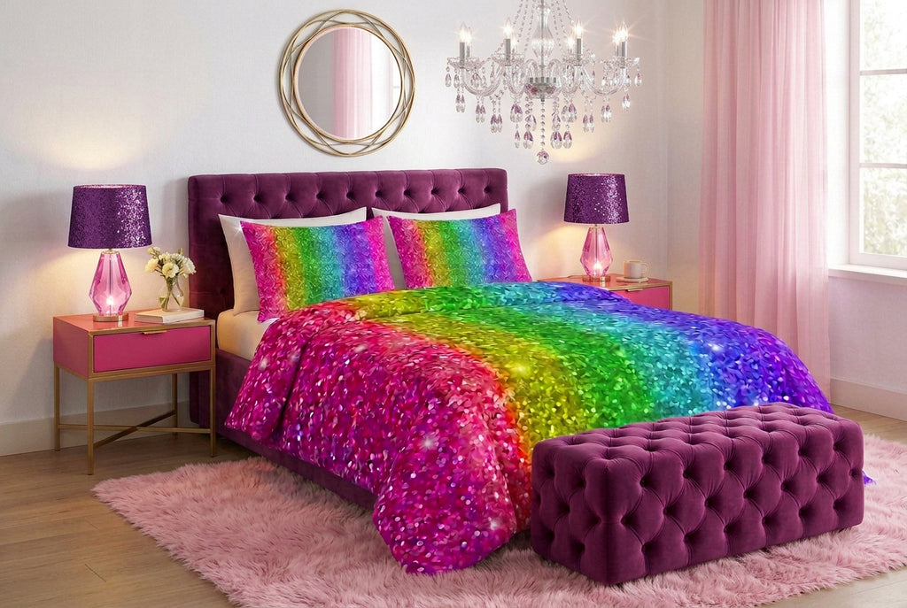 Pink Rainbow Glitter Cotton Bed Set – Vibrant Sparkle Bedding for Kids & Teens